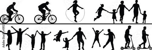 Happy family silhouettes collection, parents and children cycling jumping running and scootering, active outdoor lifestyle vector illustration set