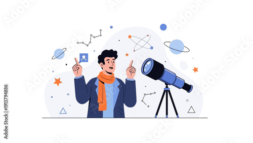 Man with Telescope Observing Stars and Planets, Exploring Space and Astronomy Concepts