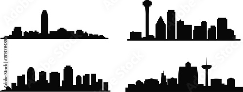 Texas city skyline silhouettes set with Austin, Dallas, Houston and San Antonio downtown buildings isolated on white background, modern urban cityscape vector illustration collection.