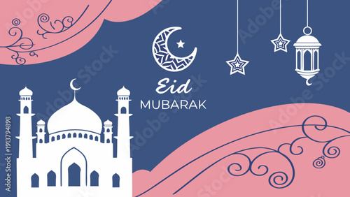 A festive eid mubarak illustration features a crescent moon shining stars a mosque and ornate floral designs in pink and blue hues high-quality professional detailed

