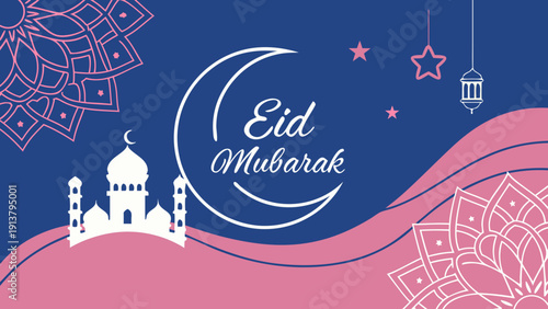 A festive eid mubarak illustration features a crescent moon shining stars a mosque and ornate floral designs in pink and blue hues high-quality professional detailed

