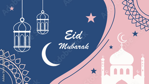 A festive eid mubarak illustration features a crescent moon shining stars a mosque and ornate floral designs in pink and blue hues high-quality professional detailed

