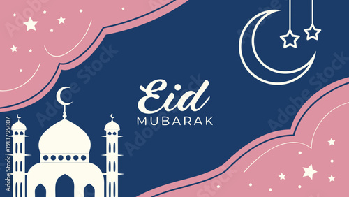 A festive eid mubarak illustration features a crescent moon shining stars a mosque and ornate floral designs in pink and blue hues high-quality professional detailed

