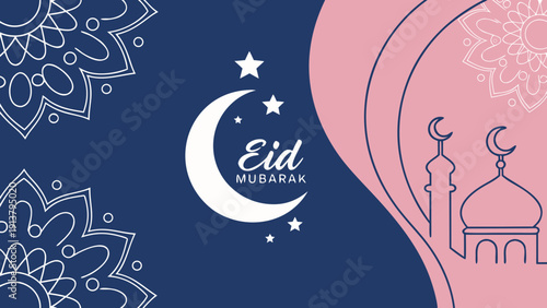 A festive eid mubarak illustration features a crescent moon shining stars a mosque and ornate floral designs in pink and blue hues high-quality professional detailed

