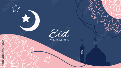 A festive eid mubarak illustration features a crescent moon shining stars a mosque and ornate floral designs in pink and blue hues high-quality professional detailed

