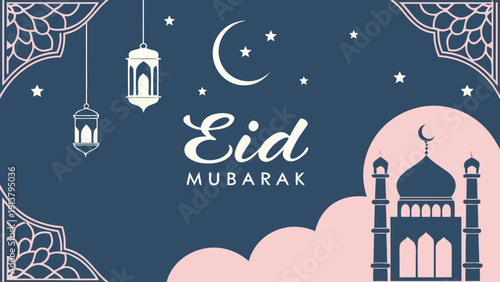 A festive eid mubarak illustration features a crescent moon shining stars a mosque and ornate floral designs in pink and blue hues high-quality professional detailed

