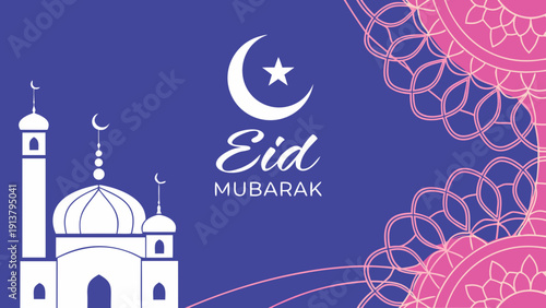 A festive eid mubarak illustration features a crescent moon shining stars a mosque and ornate floral designs in pink and blue hues high-quality professional detailed

