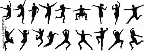 Jumping and dancing people silhouettes collection, energetic men and women in dynamic celebration poses, happy action vector illustration isolated on white background