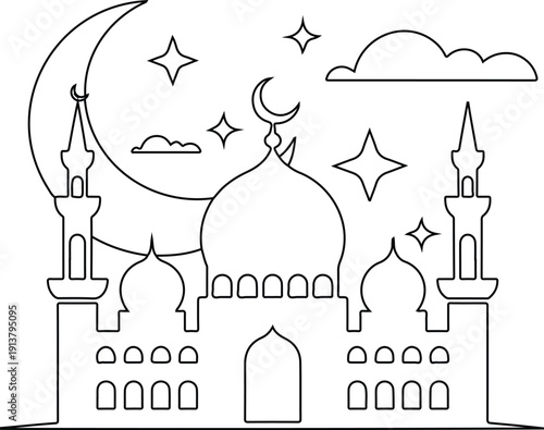 Islamic mosque silhouette with crescent moon and stars vector illustration, Ramadan celebration theme, night sky background