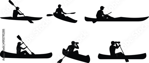 Kayaker and canoeist silhouettes collection, paddling boat on river and lake, outdoor adventure water sport vector illustration isolated on white background
