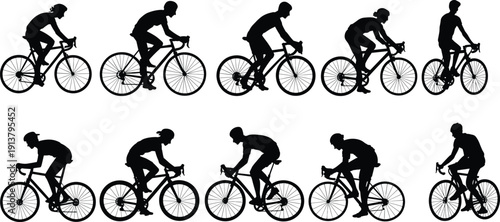 Road cycling silhouettes set, professional cyclists riding racing bikes in aerodynamic position, sport competition vector illustration isolated on white background