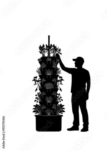 Urban farmer harvesting vertical hydroponic garden sustainable food silhouette vector