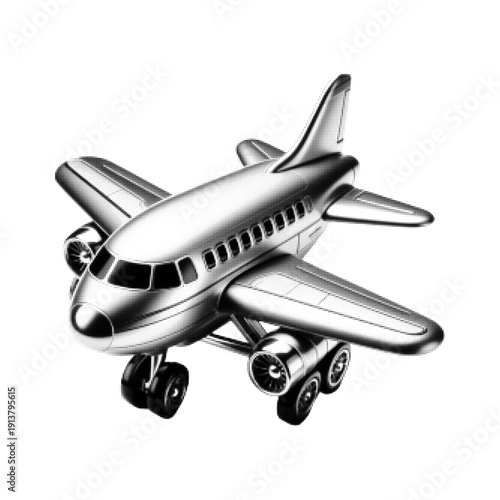 Black and white halftone illustration of passenger airplane with landing gear down, isolated on white background. Aviation, travel and transportation concept in retro style.