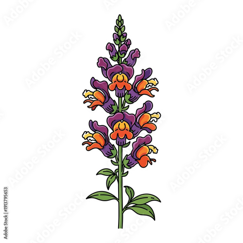 Colorful illustration of a flowering plant with purple and orange blooms