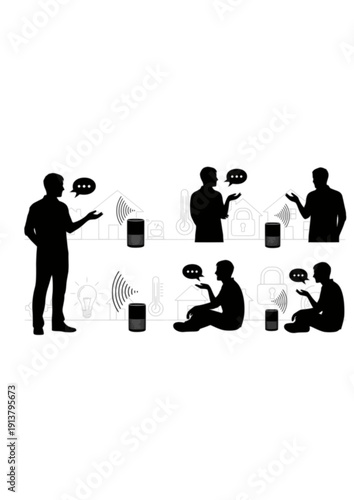 Person using smart speaker voice assistant home automation silhouette vector illustration