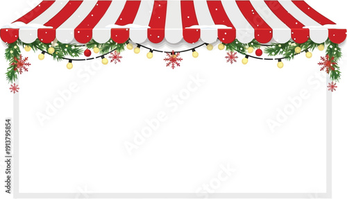 A festive red and white striped tent adorned with Christmas decorations and garlands, viewed from the front.