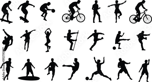 Sport and fitness people silhouettes set, athletes skateboarding, cycling, running and playing soccer, dynamic action vector illustration isolated on white background