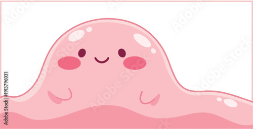 A cartoon character illustration of a smiling blob with rosy cheeks, set against a blank white background, viewed from the front