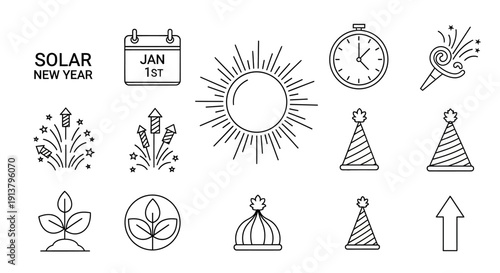Line art icons representing Solar New Year celebrations, including calendar, sun, clock, fireworks, party hats, and growing plants.