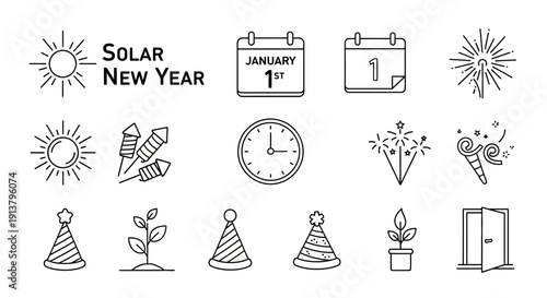 A collection of line art icons representing Solar New Year celebrations, including sun, calendars, fireworks, party hats, and growing plants.