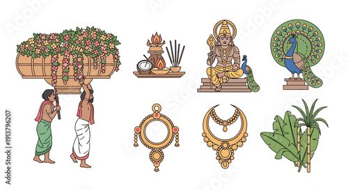 Collection of illustrations depicting elements of a Hindu festival, including devotees carrying a floral palanquin, offerings, deities, traditional jewelry, and sugarcane.