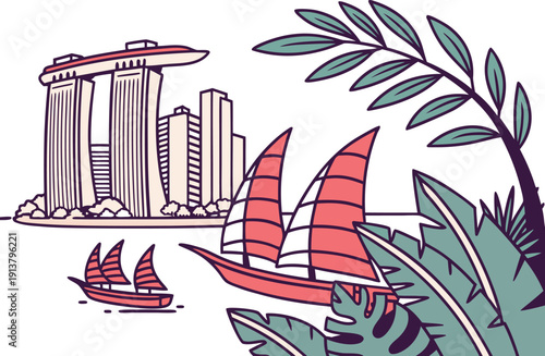 Singapore City Skyline Illustration. Marina Bay Sands Landmark Design. Singapore Urban Cityscape View. Iconic Singapore Skyline Concept. Singapore Travel Destination Illustration. Modern Singapore