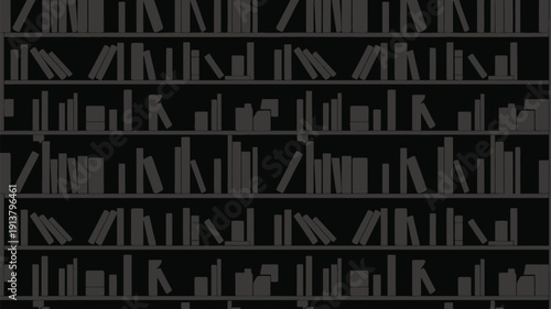 Dark background with gray bookshelf and various book sizes