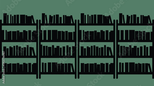 Modern bookshelves filled with various books in green library