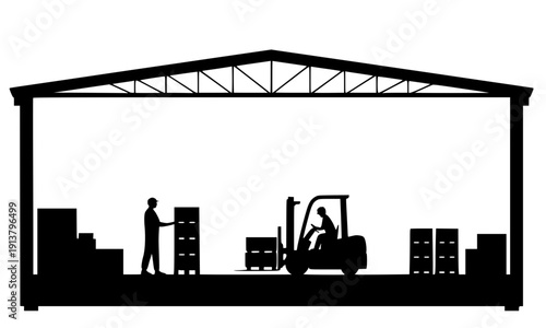 Warehouse silhouette with forklift and cargo boxes under industrial roof, logistics storage facility interior with pallets for distribution and supply chain management concept
