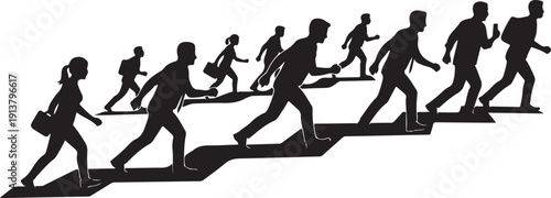 Silhouettes of people running up stairs in a line