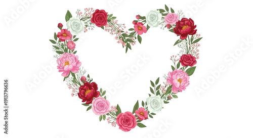 Floral heart shape made of roses and flowers illustration on a white background viewed from the front
