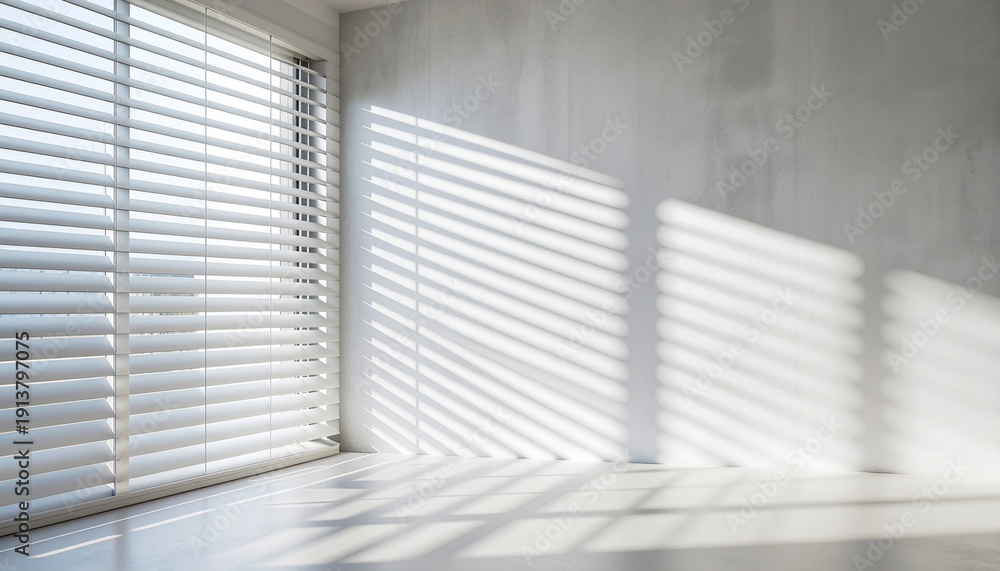 Fototapeta premium Sunlight streams through blinds onto a white empty room with shadows cast on the wall and floor from an exterior viewpoint