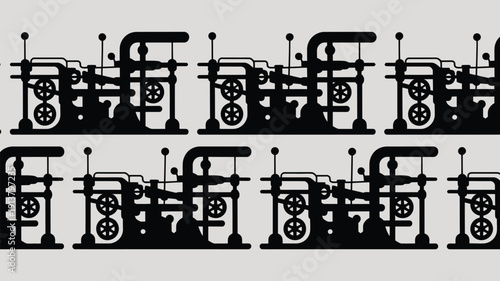 Industrial steam engines in a repeating pattern with black silhouettes