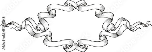 Elegant Ribbon Frame Illustration with Twisted Tapes and Decorative Edges in a Simple Line Art Style