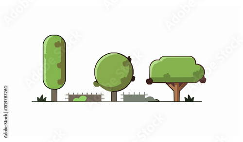 Flat Cartoon Orchard Scene with Three Apple Trees in Field Isolated on White Background Vector