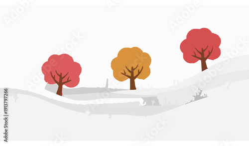 Layered Paper Cut Nature Landscape with Three Apple Trees Field Hills and Sun Vector Illustration