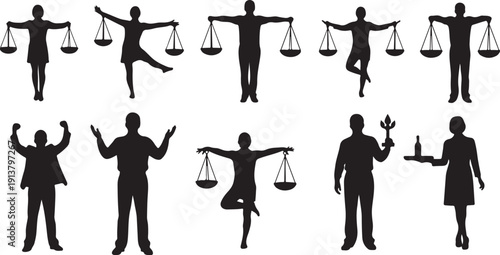 Silhouettes of people holding scales of justice in various poses