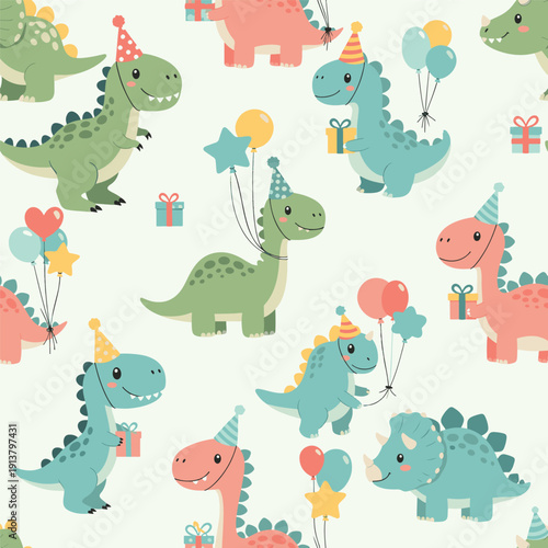Adorable cartoon dinosaurs celebrating a birthday with balloons, gifts, and party hats illustration, seamless pattern, Stock royalty.