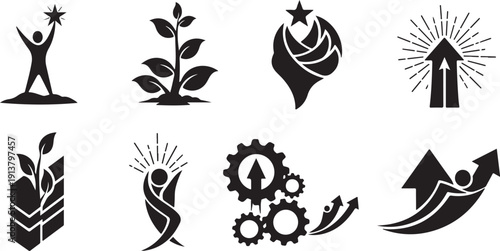 Black icons of success and growth on white background