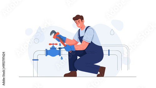 Plumber fixing pipe leak with wrench, water drops falling, illustration