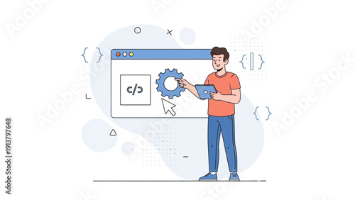 Programmer adjusting settings on a digital interface with code symbols and gears