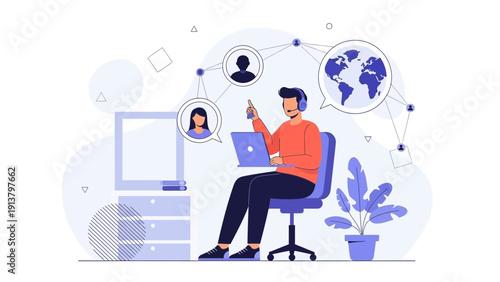 Remote Work and Global Communication Concept with Man on Laptop and Video Calls