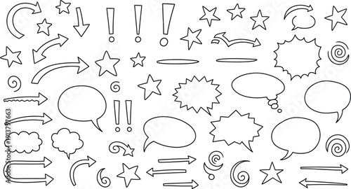Hand-drawn vector doodle set featuring black outline arrows, stars, exclamation marks, speech bubbles, and spiral elements isolated on a transparent background.