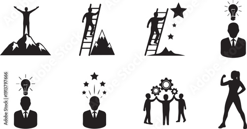 Business success and achievement icons in black and white