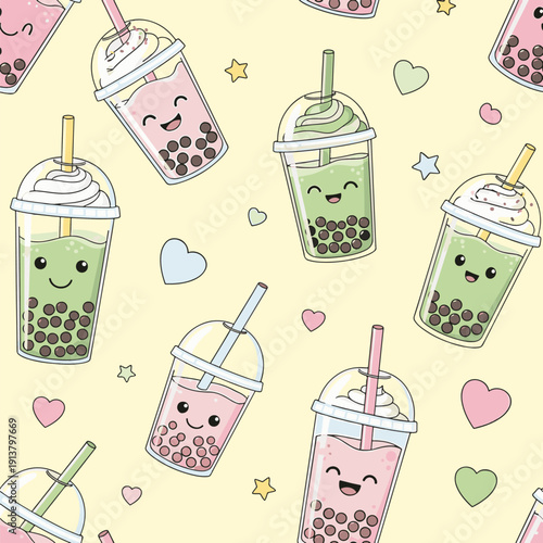 Adorable cartoon illustration of various colorful boba tea drinks with happy faces and stars, patern seamless, Stock royalty image.