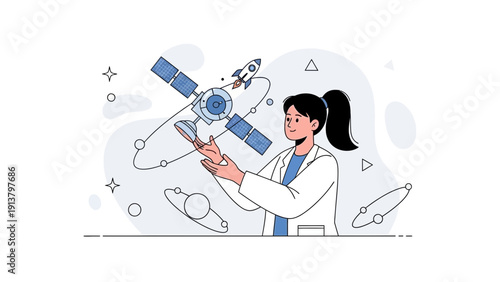 Scientist Studying Satellite and Space Exploration with Rocket