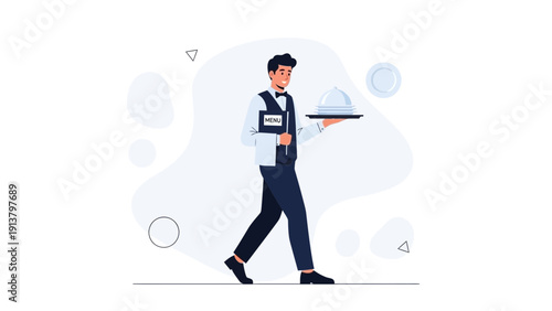 Smiling Waiter Carrying Food Tray with Menu - Restaurant Service Illustration