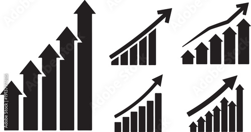 Black and white bar graphs with arrows showing growth
