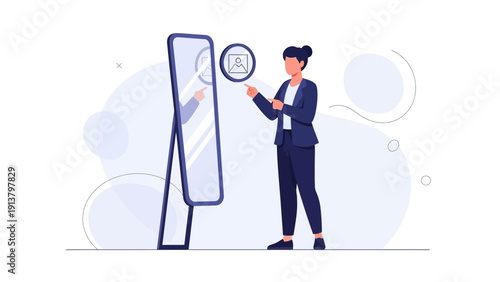 Woman assessing her professional image in a full-length mirror, self-reflection concept.
