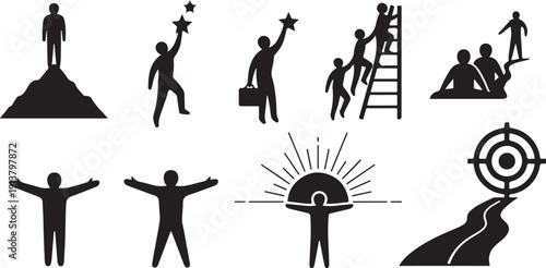 Silhouette of people achieving success and reaching goals together
